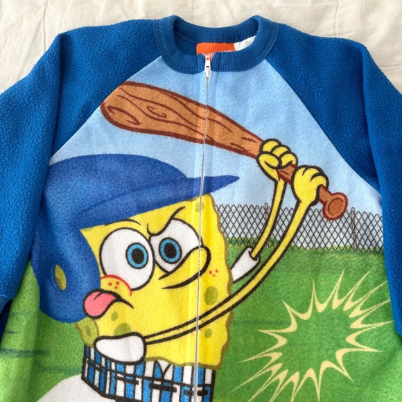 Vintage Kids Y2K 2003 SpongeBob Baseball Home Run Fleece Zip Up One Piece Size 4 - Picture 4 of 7